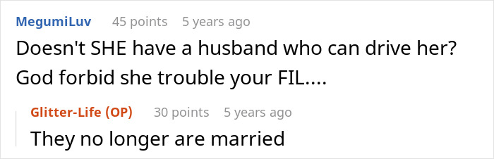 Screenshot showing a comment asking about the MILs husband, with OP confirming they are divorced. Screenshot showing a comment asking about the MILs husband, with OP confirming they are divorced.