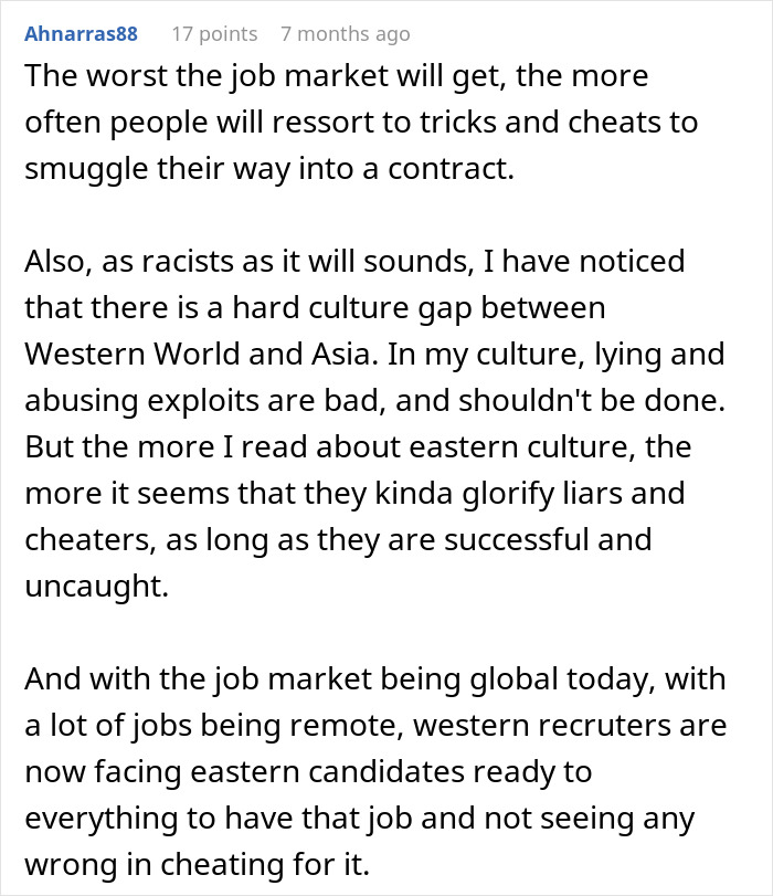 A software engineer shares a detailed comment about a new hiring scam and the global job market's impact.