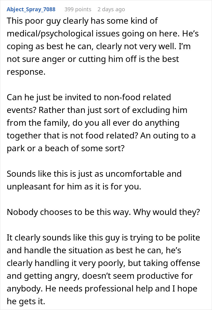 A comment discussing a BF's dinner table habit, suggesting he has psychological issues and needs professional help. A comment discussing a BF's dinner table habit, suggesting he has psychological issues and needs professional help.