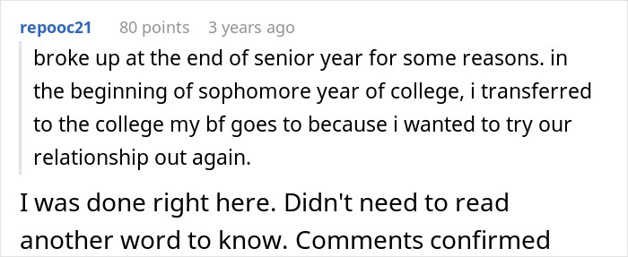 A screenshot of a Reddit comment detailing a past relationship with a cheating ex and the commenter's reaction.