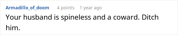 A Reddit comment from a user suggesting the DIL divorce her husband for failing to evict the MIL from her house.