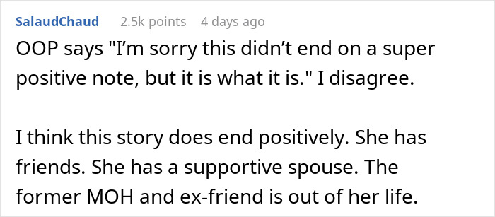 A screenshot shows a comment about the bride and her MOH, who replaced the dress and ended their friendship. A screenshot shows a comment about the bride and her MOH, who replaced the dress and ended their friendship.