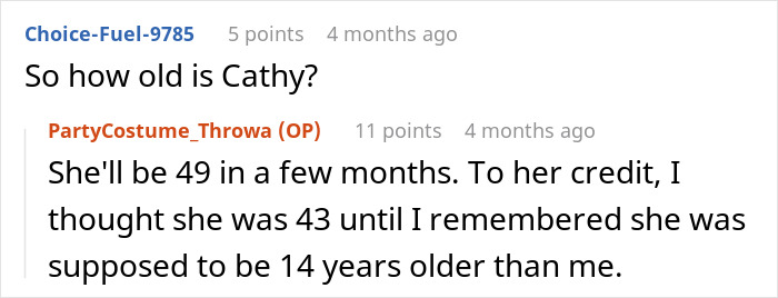 A Reddit comment asking about Cathy's age, relating to the stepmom hijacking a kid's birthday. A Reddit comment asking about Cathy's age, relating to the stepmom hijacking a kid's birthday.