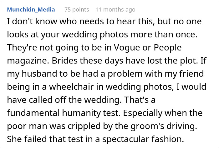 A comment about a bride with twisted values and her messed up request regarding wedding photos.