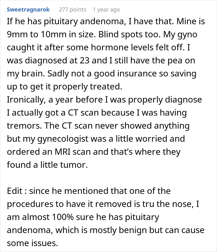 Reddit comment from Sweetragnarok discussing pituitary adenoma, a type of brain tumor, and personal experience with it.