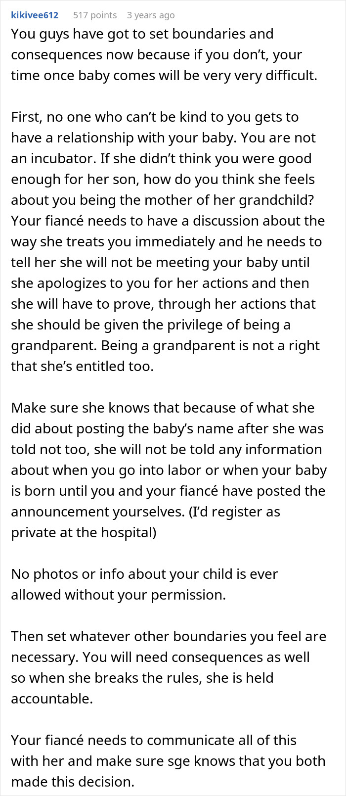 A Reddit comment advising to set boundaries and consequences with an overbearing FMIL regarding a baby name announcement. A Reddit comment advising to set boundaries and consequences with an overbearing FMIL regarding a baby name announcement.