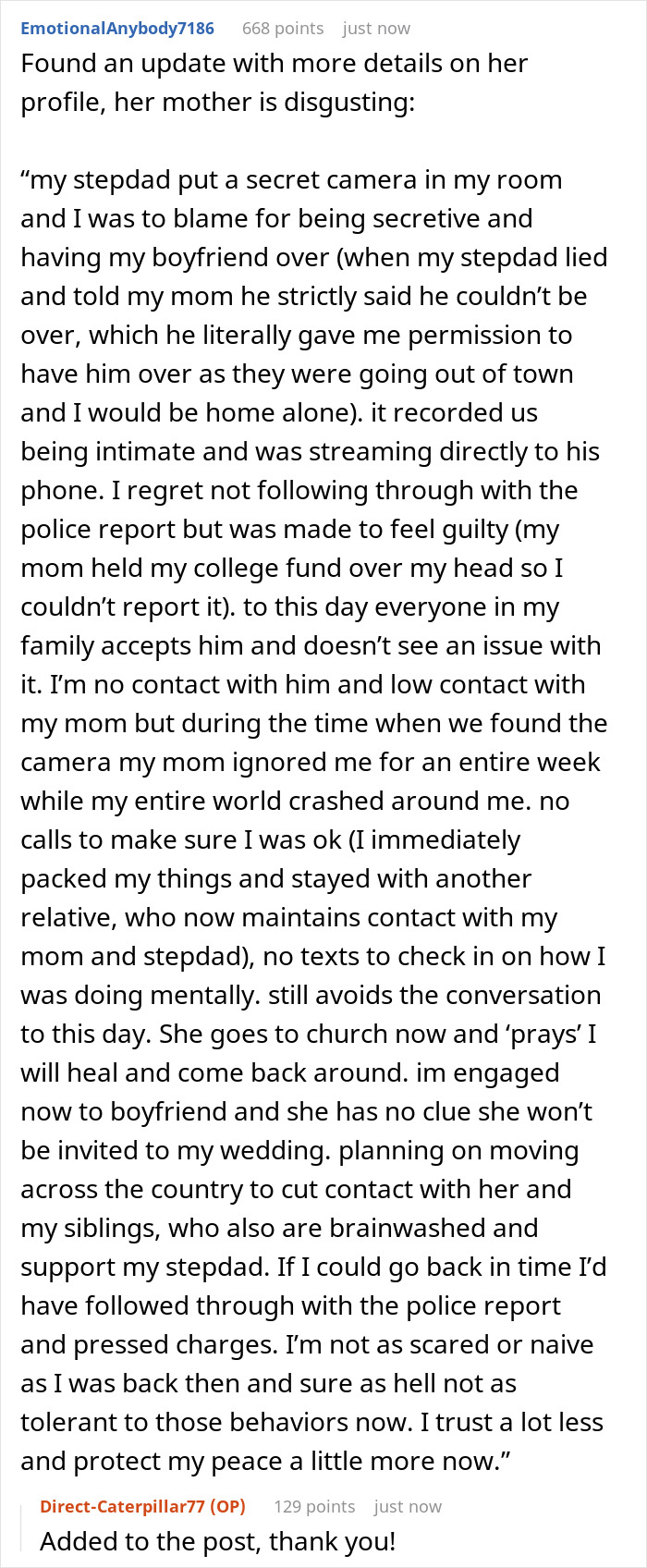 A Reddit post about a spy camera in the room, revealing details of a step-dad's actions and family conflict. A Reddit post about a spy camera in the room, revealing details of a step-dad's actions and family conflict.