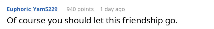 Reddit comment suggesting to let go of a friendship after an influencer bestie ghosted the bride on her wedding day. Reddit comment suggesting to let go of a friendship after an influencer bestie ghosted the bride on her wedding day.
