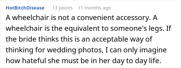 A Reddit comment condemning a bride with twisted values for viewing a wheelchair as an accessory for wedding photos.