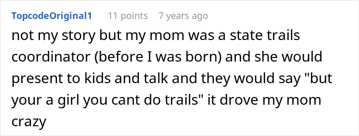 Screenshot of a comment about a mother being a state trails coordinator, facing sexism regarding a woman leading trails. Screenshot of a comment about a mother being a state trails coordinator, facing sexism regarding a woman leading trails.