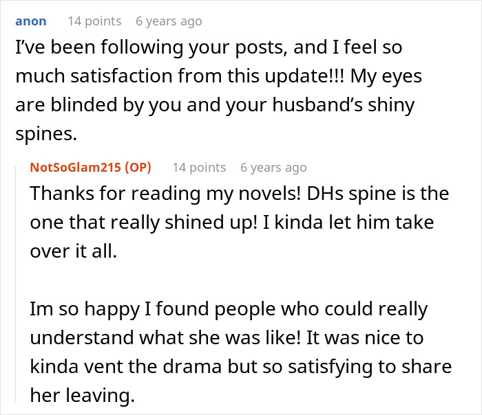 More comments on a post about a man's shiny spine, expressing satisfaction about his mom leaving his home. More comments on a post about a man's shiny spine, expressing satisfaction about his mom leaving his home.