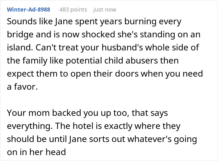A screenshot of a Reddit comment criticizing the delulu mom's actions and her expectation for help.