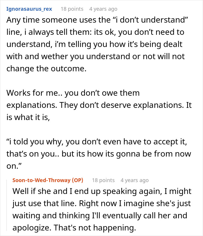 Reddit comments discussing boundaries and explanations, related to the entitled man's lost relationships.