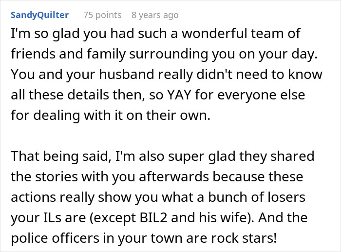 A screenshot of a Reddit comment expressing gladness for the couple being surrounded by supportive friends and family.