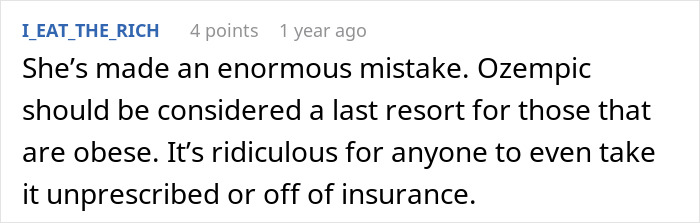 A Reddit comment discussing Ozempic as a last resort for obese people losing more than just weight.