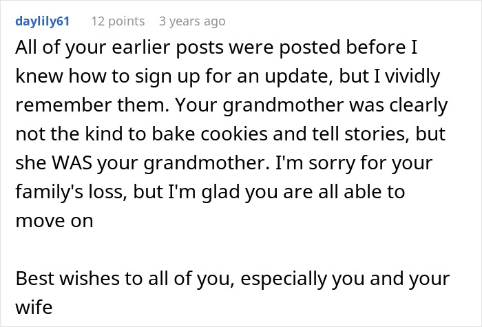 A comment on the entitled man's proposal at his brother's wedding, discussing family loss and moving on.