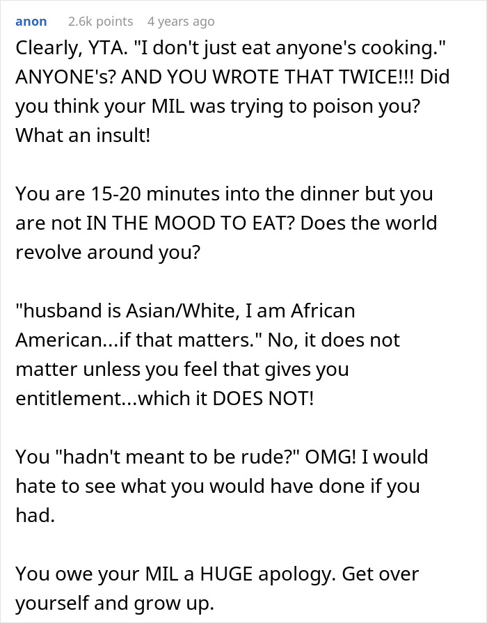 A woman refuses to eat at her MILs home because she doesn't just eat anyone's cooking.