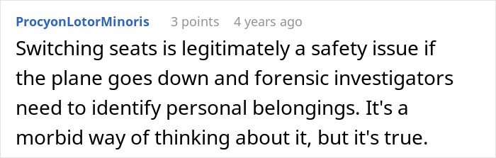 A comment discussing a man trying to steal a childs window seat on a flight, highlighting safety issues. A comment discussing a man trying to steal a childs window seat on a flight, highlighting safety issues.