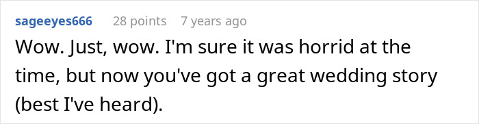 A comment reflecting on a crazy MIL's witchcraft, noting it led to a memorable wedding story.