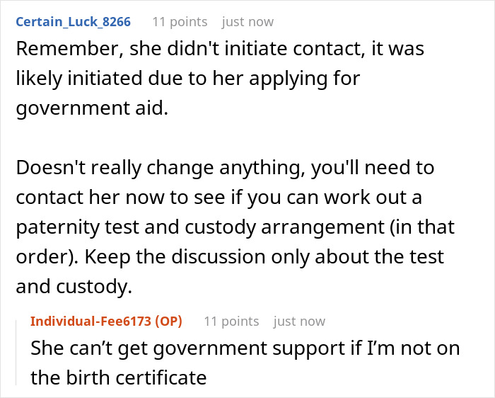 A screenshot of a Reddit comment section discussing a man named as baby's dad on official paperwork after an ex ends relationship by text. A screenshot of a Reddit comment section discussing a man named as baby's dad on official paperwork after an ex ends relationship by text.