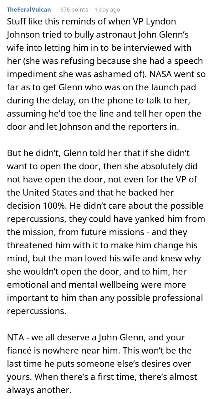 A screenshot of a Reddit comment about a man convincing his girlfriend to finally get married, but she realizes it's a huge mistake months before the wedding.