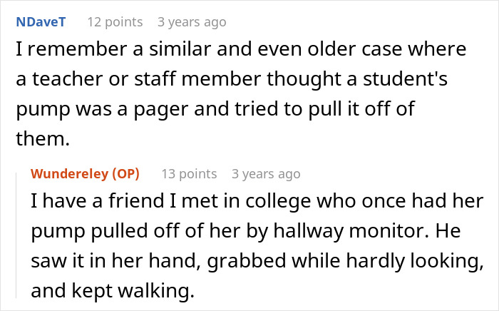 A screenshot of a Reddit comment where a user recalls an older case of a teacher mistaking a pump for a pager, highlighting a teacher learning a lesson. A screenshot of a Reddit comment where a user recalls an older case of a teacher mistaking a pump for a pager, highlighting a teacher learning a lesson.