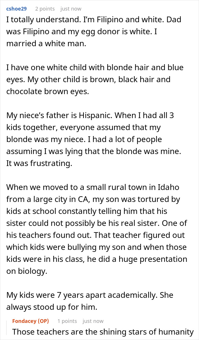 A Reddit comment from a mixed-race mom discussing how she invents family scandals about her blue-eyed kid for fun. A Reddit comment from a mixed-race mom discussing how she invents family scandals about her blue-eyed kid for fun.