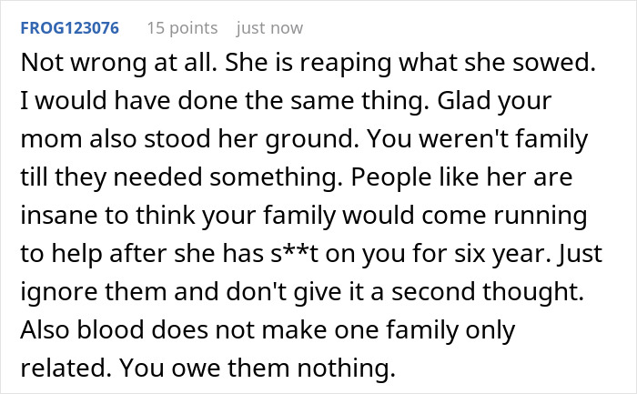 A comment argues the delulu mom is reaping what she sowed, supporting keeping dad's family away from the kid.