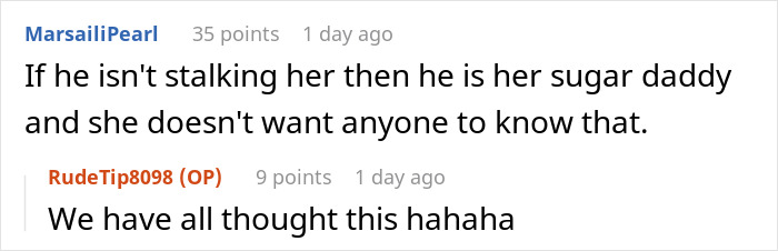 A Reddit comment suggesting the guy is either stalking his GF or is her sugar daddy, as she hasn't spoken in 10 years.
