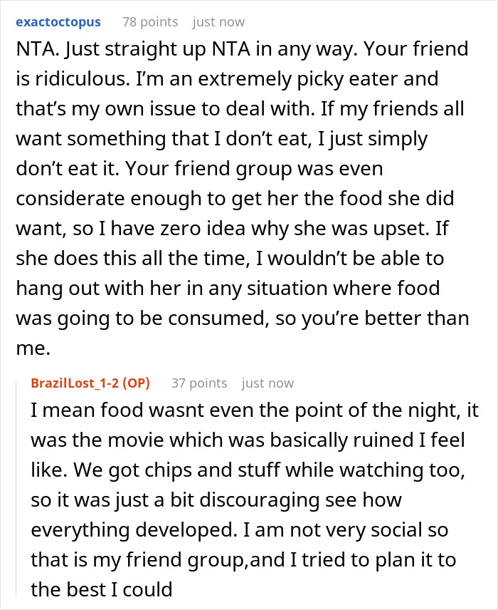 A Reddit comment section discussing a picky eater who was upset about sushi being ordered for a friend. A Reddit comment section discussing a picky eater who was upset about sushi being ordered for a friend.