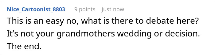 A comment about banning an aunt who changed a grandpa's will from a wedding, calling it an easy no. A comment about banning an aunt who changed a grandpa's will from a wedding, calling it an easy no.