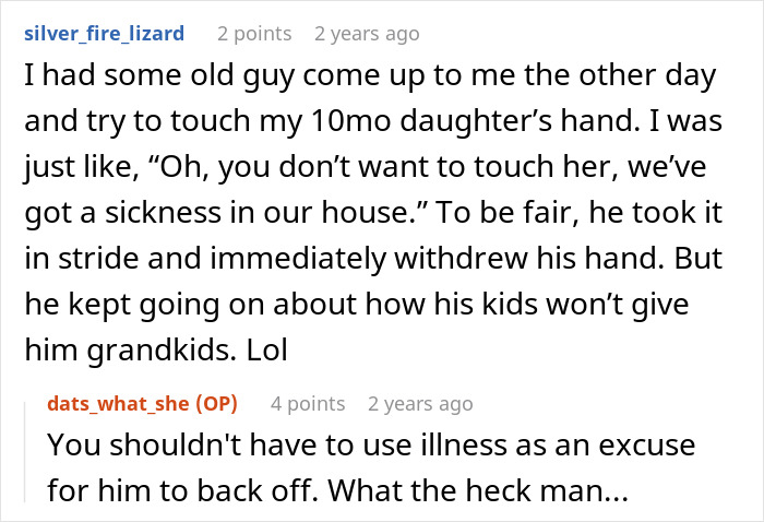 A screenshot of a Reddit comment detailing an old guy touching a user's daughter's hand after xenophobic remarks. A screenshot of a Reddit comment detailing an old guy touching a user's daughter's hand after xenophobic remarks.
