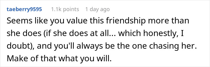 A Reddit user comment advising to let go of a friendship after an influencer bestie ghosted the bride on her wedding day. A Reddit user comment advising to let go of a friendship after an influencer bestie ghosted the bride on her wedding day.