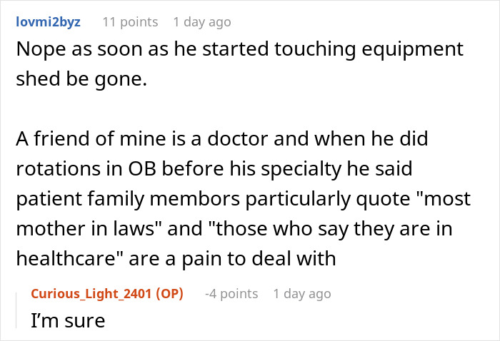 A screenshot showing a comment from Reddit user lovmi2byz about a mom's nurse mode during DIL's delivery.