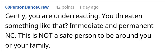 A social media comment advising a daughter to go no contact with a mom who threatens to sue. A social media comment advising a daughter to go no contact with a mom who threatens to sue.