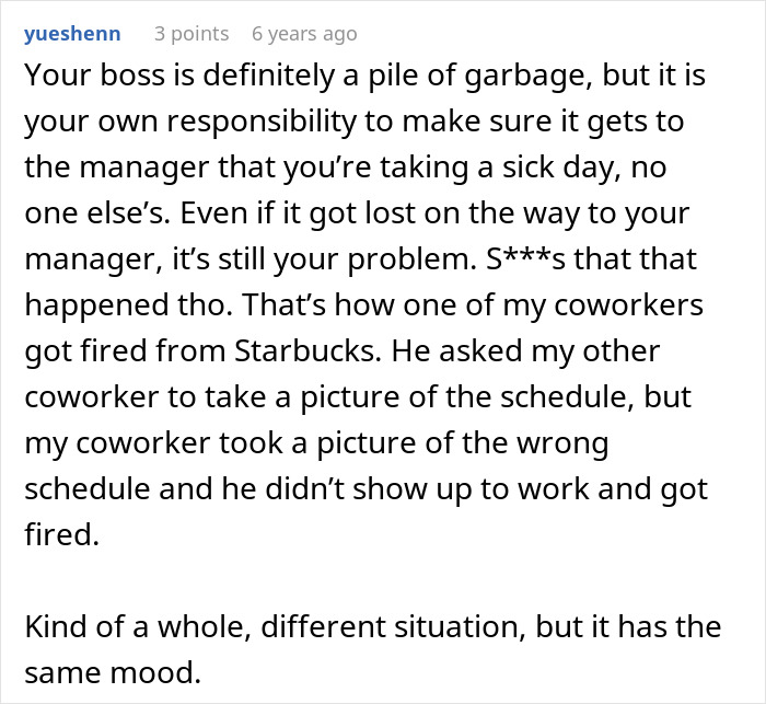 A comment about a lazy manager, stressing the student worker's responsibility for sick day notification.