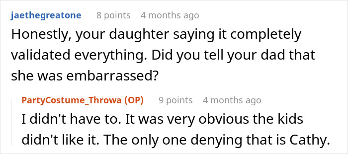 A screenshot of a comment about a stepmom denying kids' embarrassment at a birthday party. A screenshot of a comment about a stepmom denying kids' embarrassment at a birthday party.
