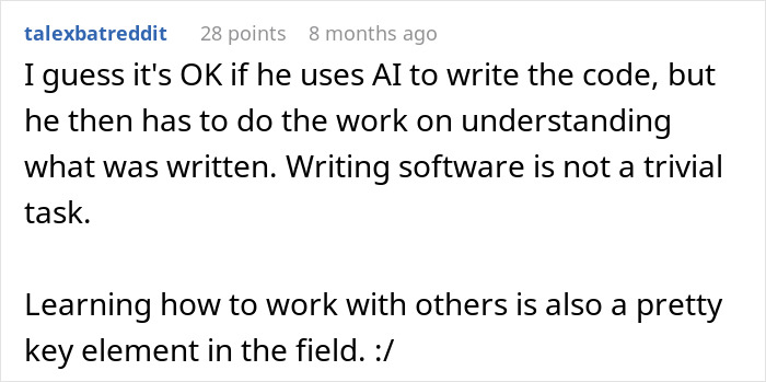 A comment about a student using AI for group work, highlighting the need for understanding and working with others. A comment about a student using AI for group work, highlighting the need for understanding and working with others.