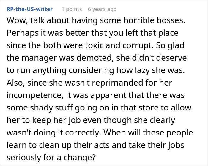 A comment discussing a lazy manager, their demotion, and the student worker's career crumbling under horrible bosses.