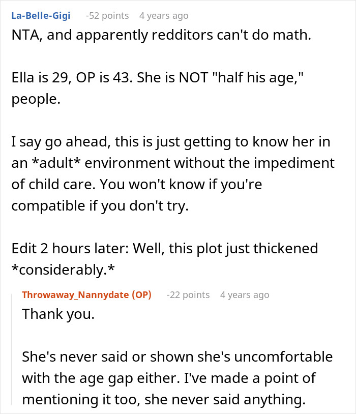 A Reddit post about a guy pursuing his friend's nanny, where a commenter points out the age difference. Friend's nanny, dark truth.
