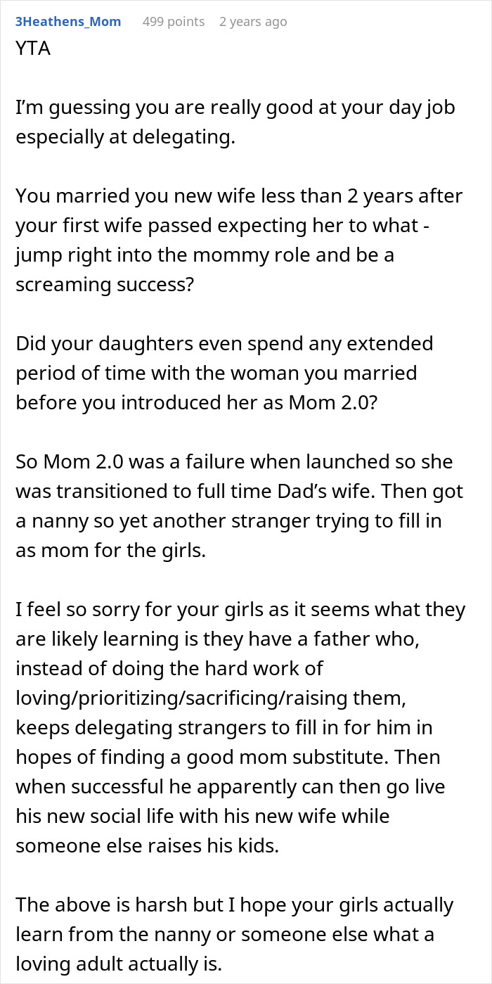 A lengthy comment from 3Heathens_Mom criticizing the dad for delegating his parental duties to a new wife and nanny. A lengthy comment from 3Heathens_Mom criticizing the dad for delegating his parental duties to a new wife and nanny.