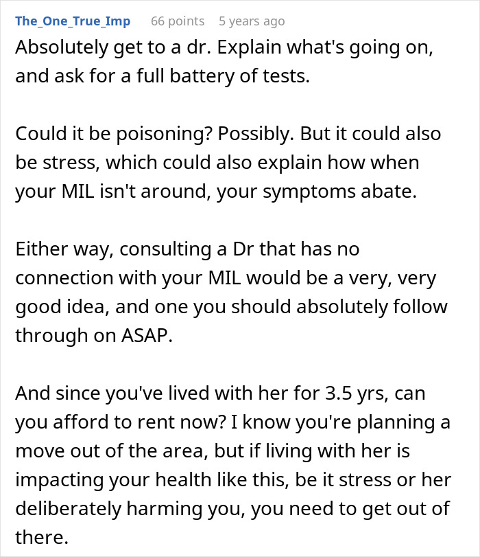 A screenshot of a reddit comment advising a woman to get medical tests if her future mother-in-law is tampering with her food. A screenshot of a reddit comment advising a woman to get medical tests if her future mother-in-law is tampering with her food.