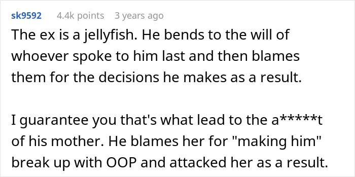 A comment detailing the ex-fiance's jellyfish-like behavior and how his mother tried to stop him from marrying her.