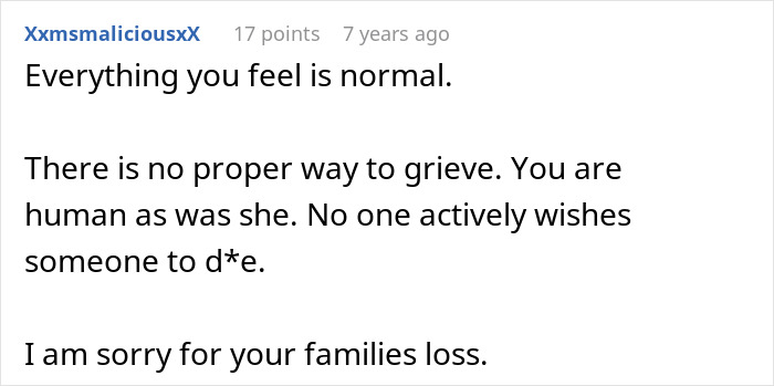 A comment reassuring that feelings are normal after the d***h of a crazy MIL from witching around and her most recent potion.