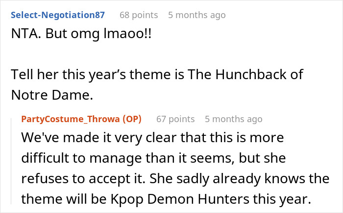 Screenshot of Reddit comments about a stepmom trying to hijack a kid's birthday party with a K-Pop character costume. Screenshot of Reddit comments about a stepmom trying to hijack a kid's birthday party with a K-Pop character costume.