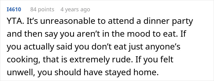 A comment on a forum about a woman refusing to eat at MIL's home, calling it unreasonable and rude to refuse food at a dinner party.