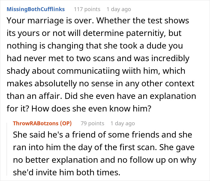 Wife's phone: Screenshot of online comments about a wife's suspicious actions and reaction.