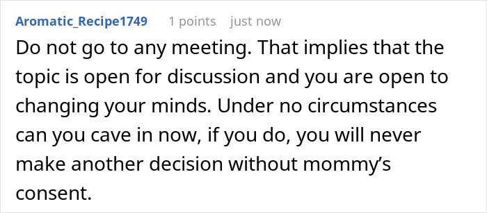 A Reddit comment advising against a meeting to discuss a childfree wedding, emphasizing not to cave in on the decision. A Reddit comment advising against a meeting to discuss a childfree wedding, emphasizing not to cave in on the decision.