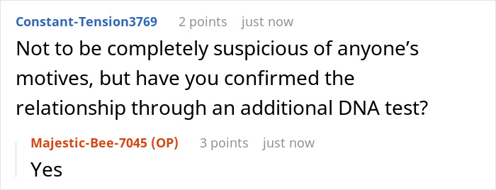 A screenshot of a Reddit comment asking if the dad confirmed the relationship through an additional DNA test for his sons. A screenshot of a Reddit comment asking if the dad confirmed the relationship through an additional DNA test for his sons.