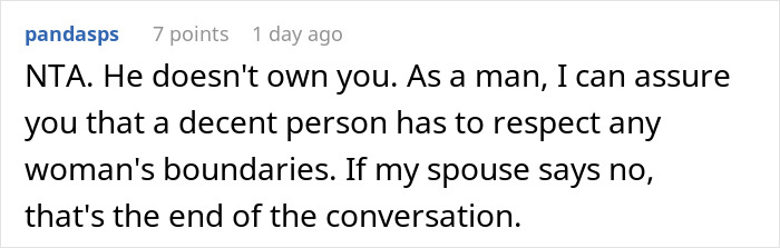 A comment from pandasps emphasizing respect for a woman's boundaries, relevant to the girlfriend's marriage dilemma.